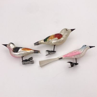 Набор из 3 елочных игрушек в виде птичек, стекло, роспись, металл, Германия, 1920-1950 гг.
