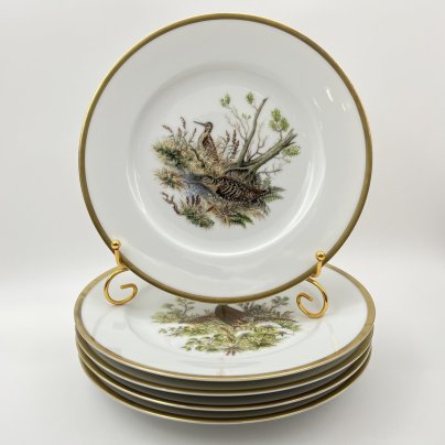Набор тарелок на 5 персон, украшенных изображением лесных обитателей, фарфор, деколь, золочение, Германия, 1980-2000 гг.