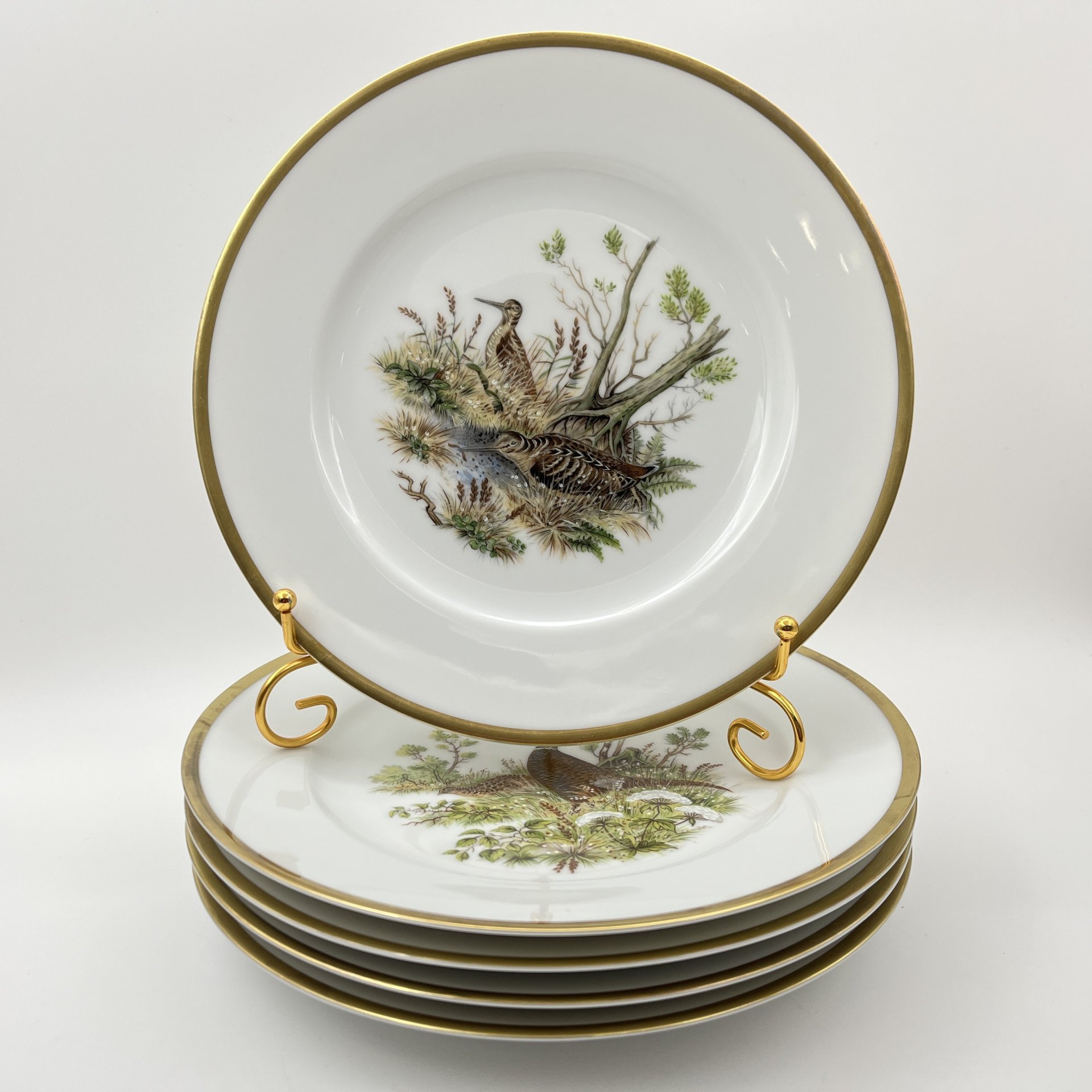 Набор тарелок на 5 персон, украшенных изображением лесных обитателей, фарфор, деколь, золочение, Германия, 1980-2000 гг.
