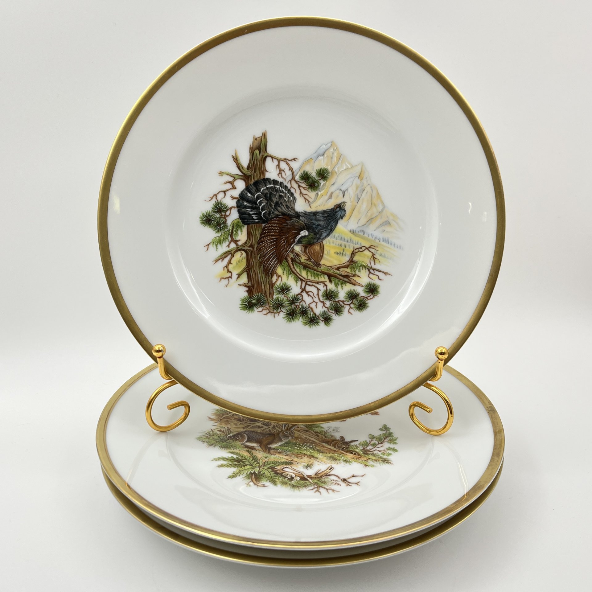 Набор тарелок на 5 персон, украшенных изображением лесных обитателей, фарфор, деколь, золочение, Германия, 1980-2000 гг.
