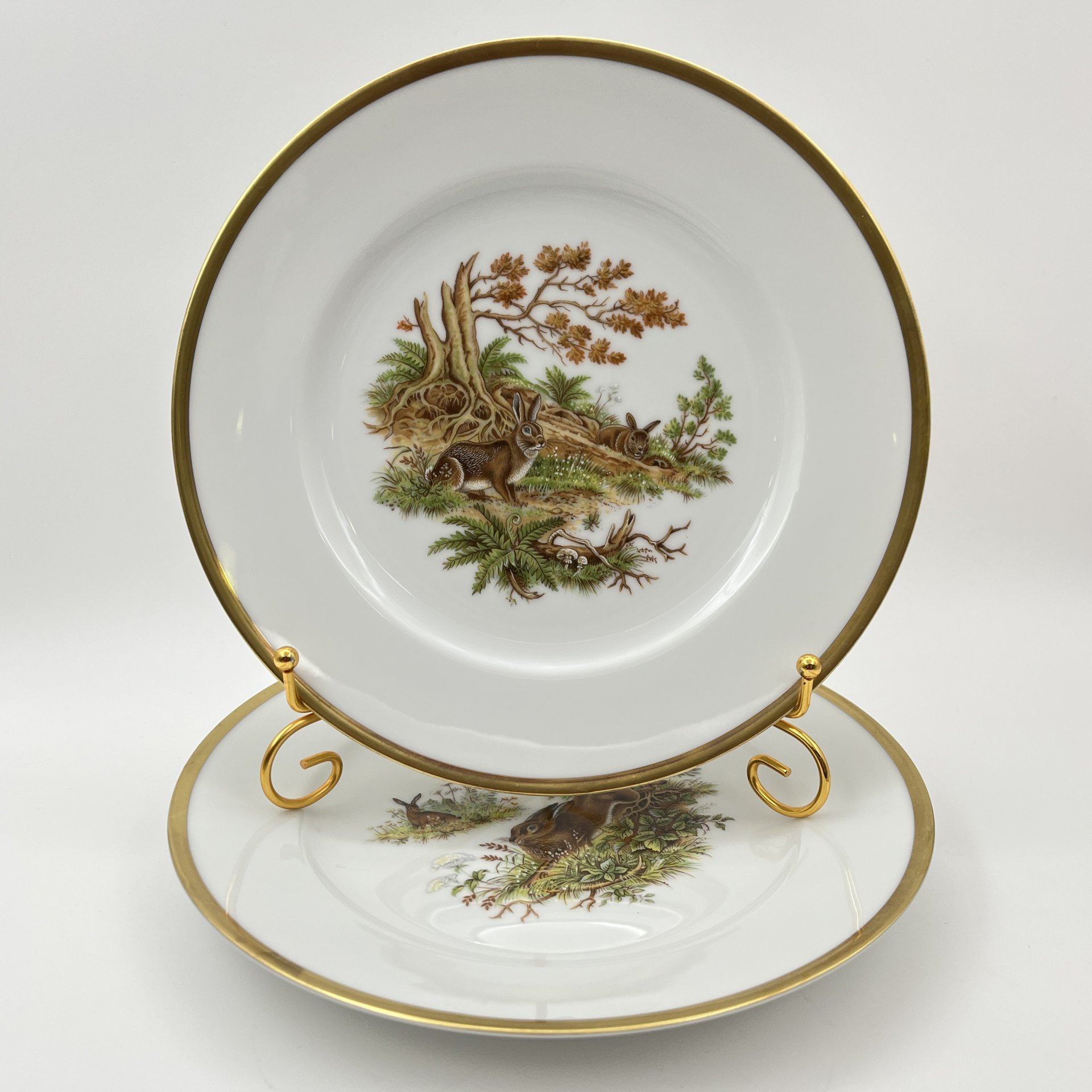 Набор тарелок на 5 персон, украшенных изображением лесных обитателей, фарфор, деколь, золочение, Германия, 1980-2000 гг.