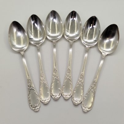 Набор столовых ложек на 6 персон с растительным декором на черенках, мНЦ (медь-никель-цинк), Вольнянский завод столовых приборов им. Шевченко (ЗiШ, ЗиШ), СССР, 1970-1990 гг.