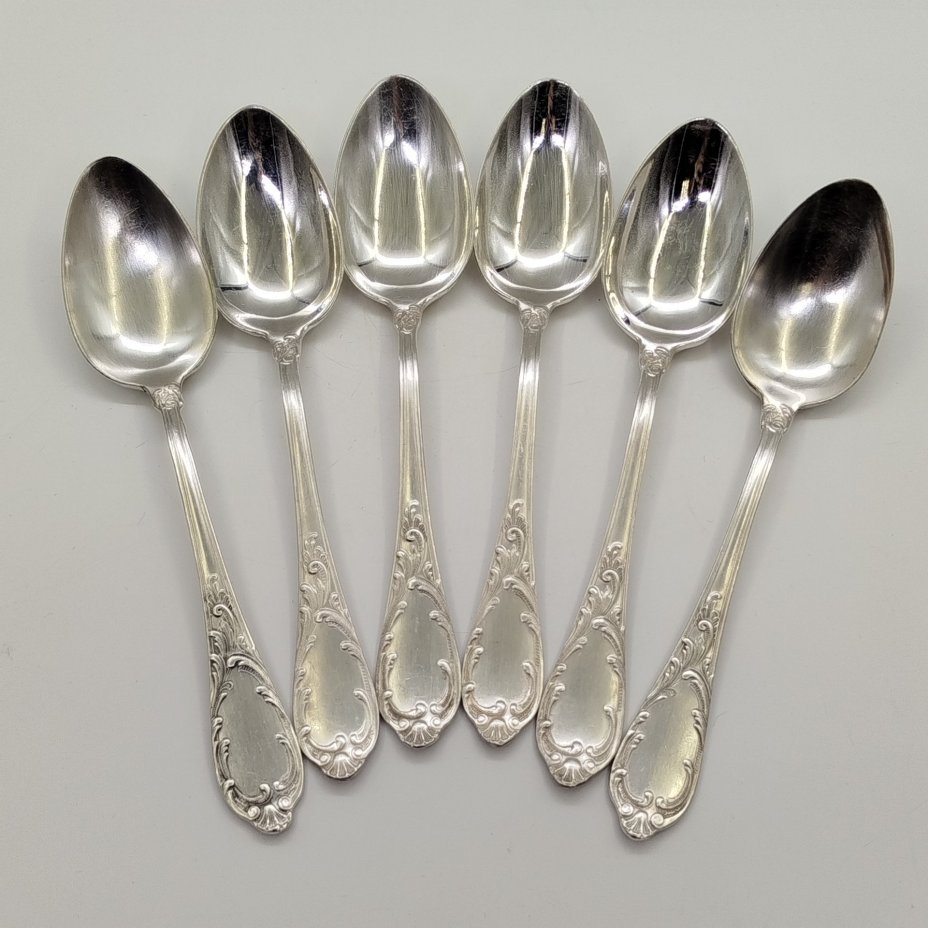 Набор столовых ложек на 6 персон с растительным декором на черенках, мНЦ (медь-никель-цинк), Вольнянский завод столовых приборов им. Шевченко (ЗiШ, ЗиШ), СССР, 1970-1990 гг.