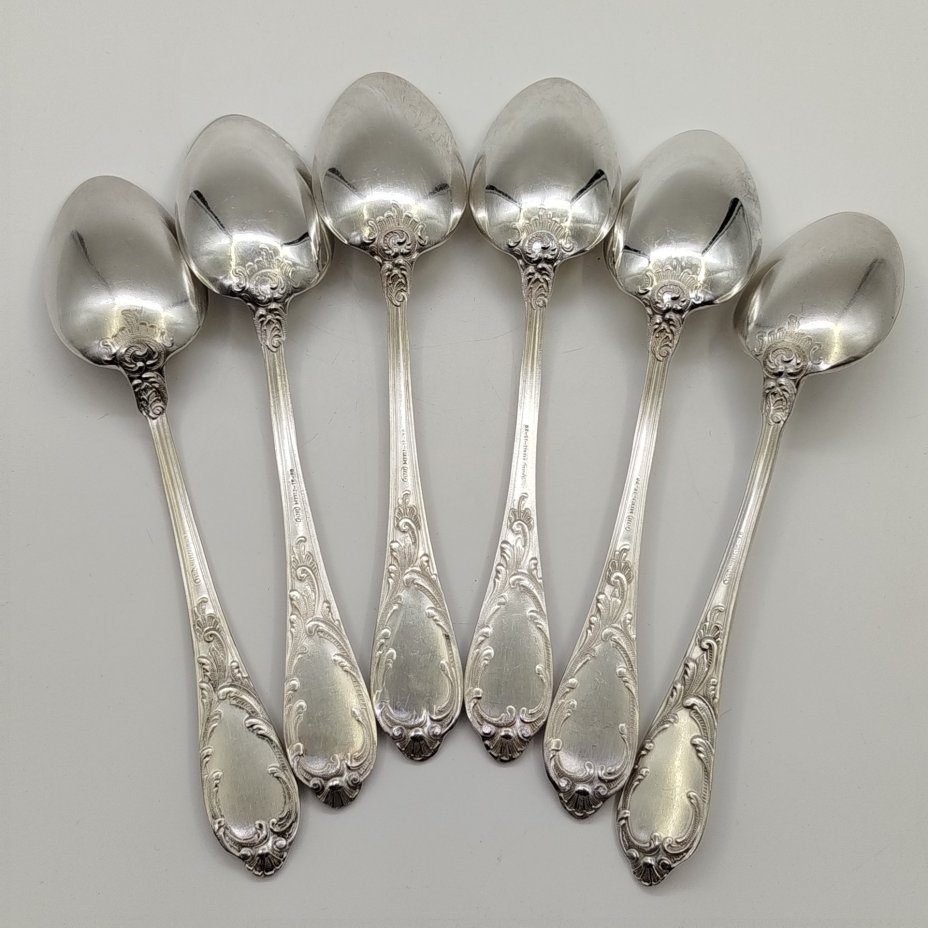 Набор столовых ложек на 6 персон с растительным декором на черенках, мНЦ (медь-никель-цинк), Вольнянский завод столовых приборов им. Шевченко (ЗiШ, ЗиШ), СССР, 1970-1990 гг.