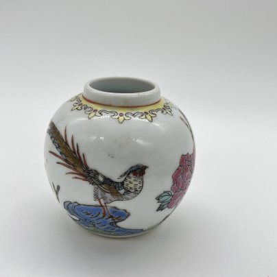 Вазочка имбирная с изображением фазана в саду (нет крышки!), фарфор, роспись, эмаль, Китай, 1950-1970 гг.