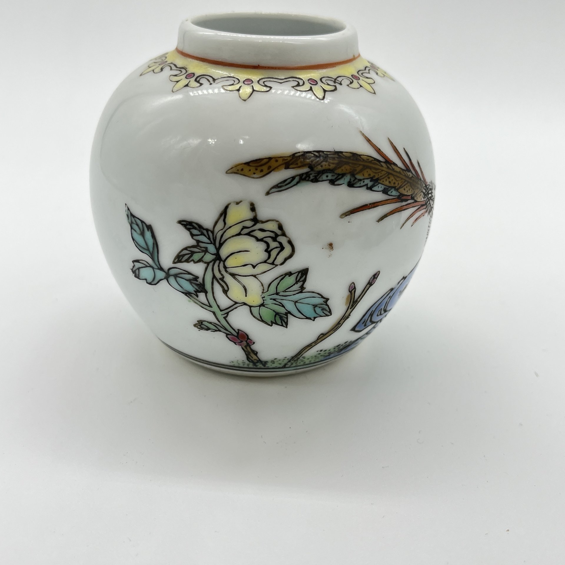 Вазочка имбирная с изображением фазана в саду (нет крышки!), фарфор, роспись, эмаль, Китай, 1950-1970 гг.