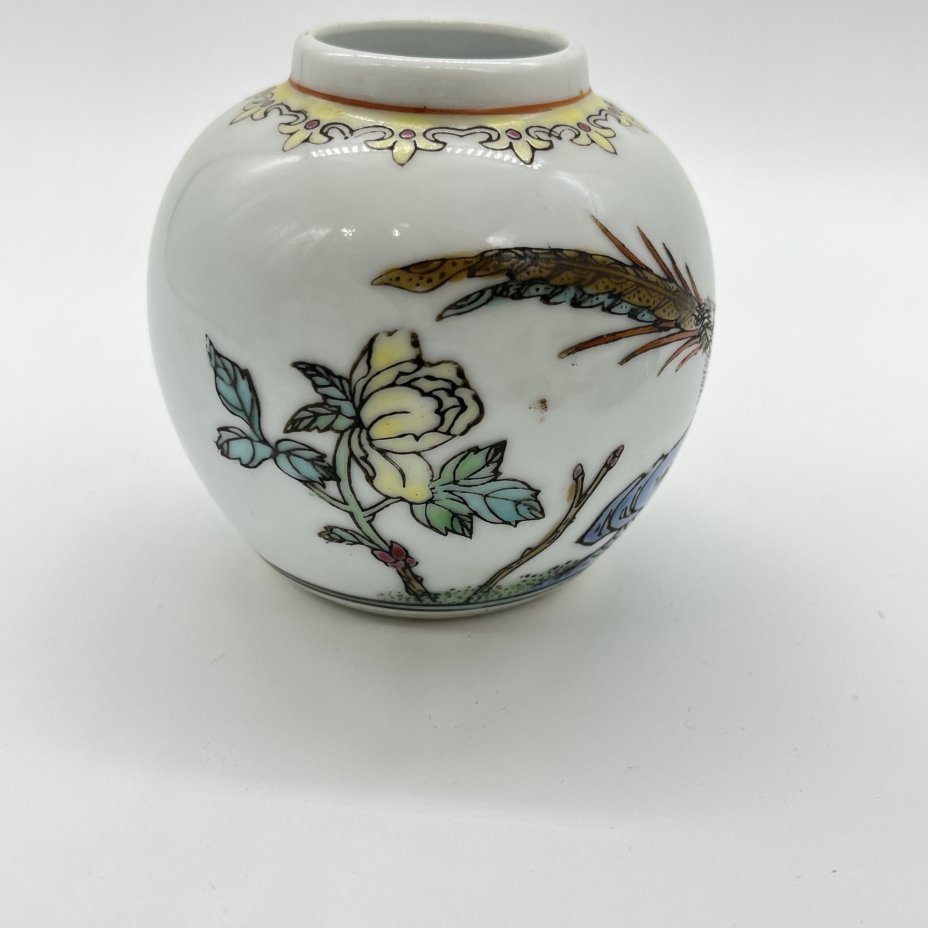 Вазочка имбирная с изображением фазана в саду (нет крышки!), фарфор, роспись, эмаль, Китай, 1950-1970 гг.