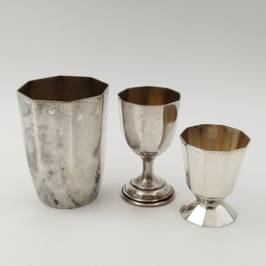 Набор для завтрака (стакан, рюмка и пашотница) с граненым туловом, Derby, металл, Великобритания, 1880-1930 гг.