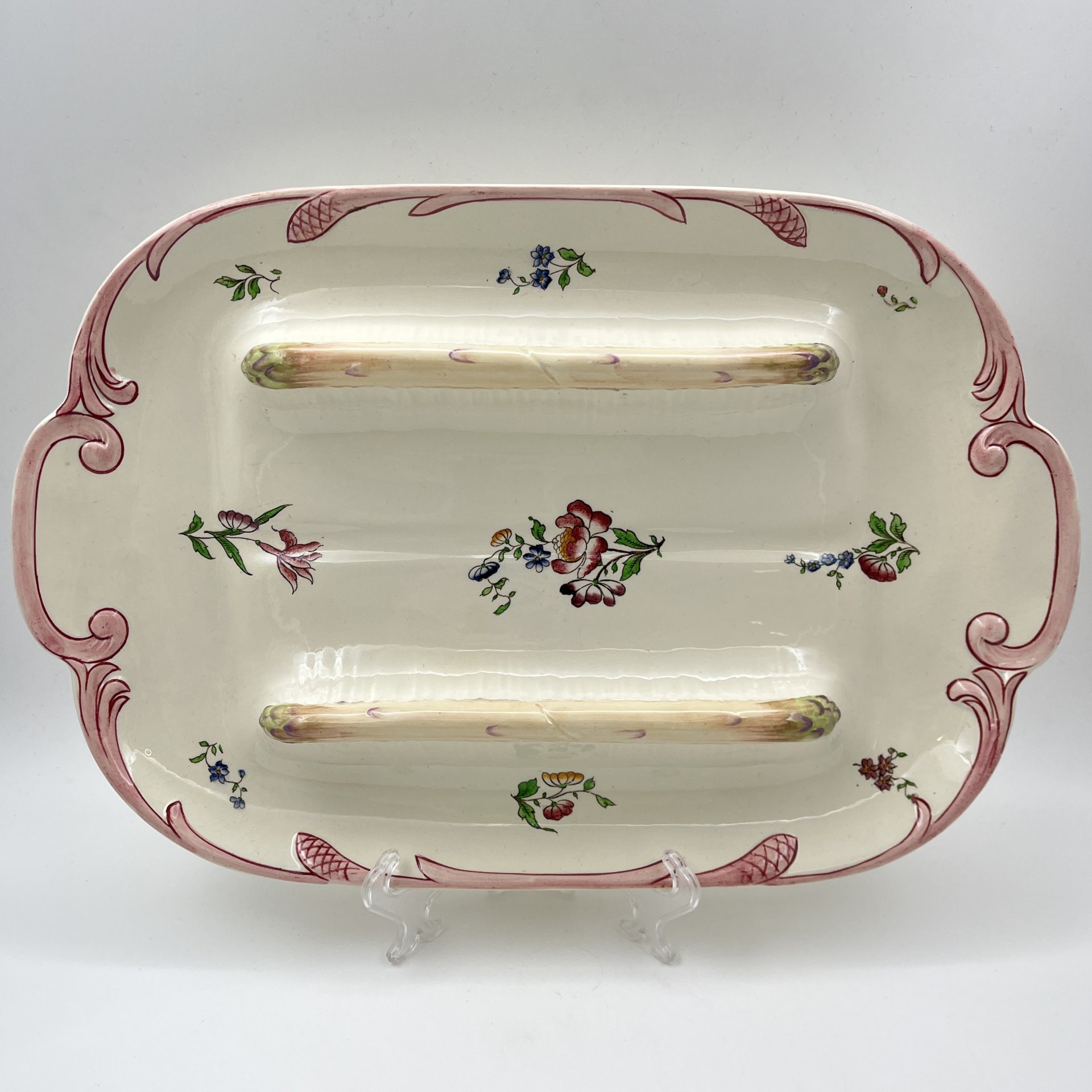 Блюдо для подачи спаржи с цветочным декором, фаянс, роспись, Sarreguemines, Франция, 1920-1950 гг.