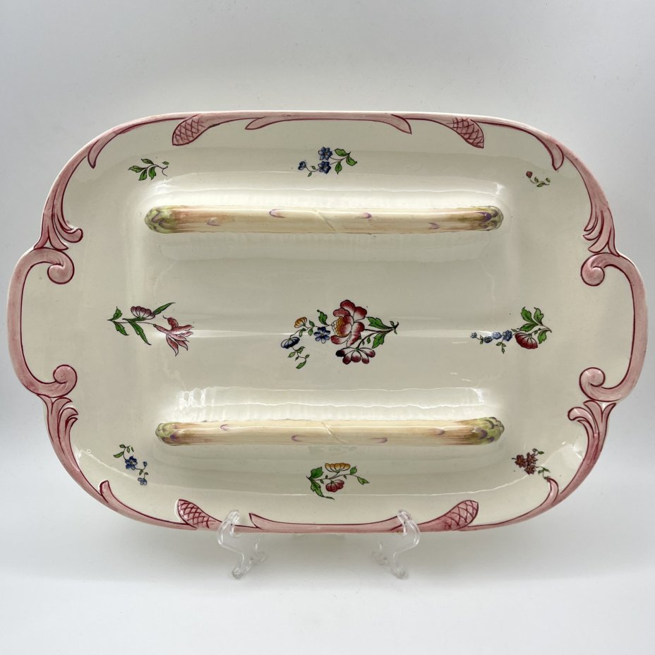Блюдо для подачи спаржи с цветочным декором, фаянс, роспись, Sarreguemines, Франция, 1920-1950 гг.