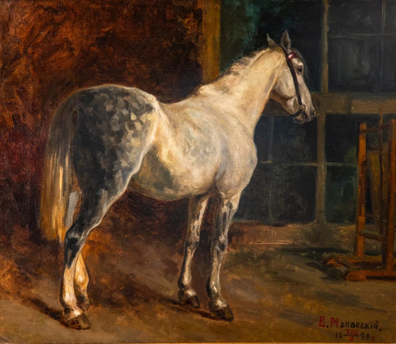 Картина "Конь в яблоках", художник Василий Михайлович Маковский (1870-после 1918), холст, масло, в раме, золочение