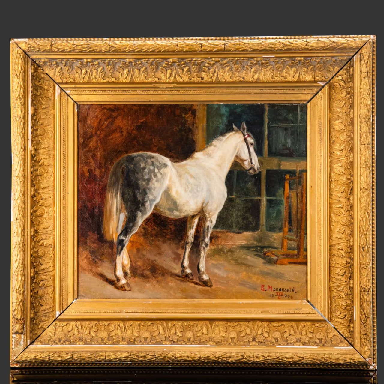 Картина "Конь в яблоках", художник Василий Михайлович Маковский (1870-после 1918), холст, масло, в раме, золочение