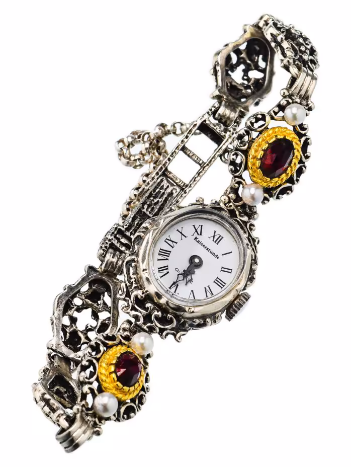 Часы женские, серебро 925 пр., серебро 835 пр., богемские гранаты, речной жемчуг, фирма "Kaiserstunde", Германия, 1960-1970 гг.