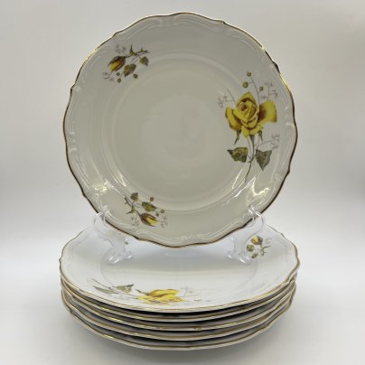 Набор из 6-ти обеденных тарелок с фигурным бортом и  изображением роз, фарфор, деколь, золочение, Walbrzych, Польша, 1952-1992 гг.