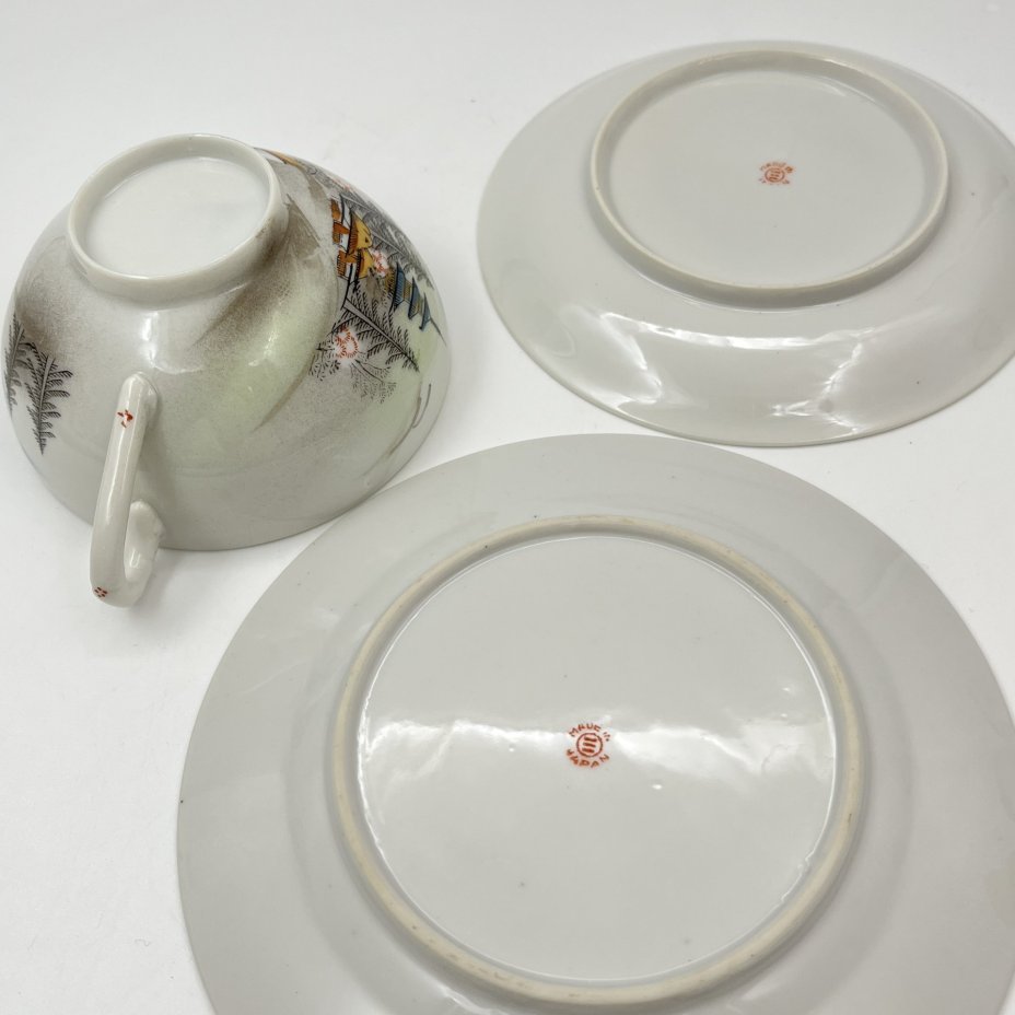 Трио чайное с пейзажным декором и изображением гейши на дне чашки (литофания)