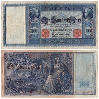 Германия 100 марок 1910 Имперская банкнота (Reichsbanknote) красные печати