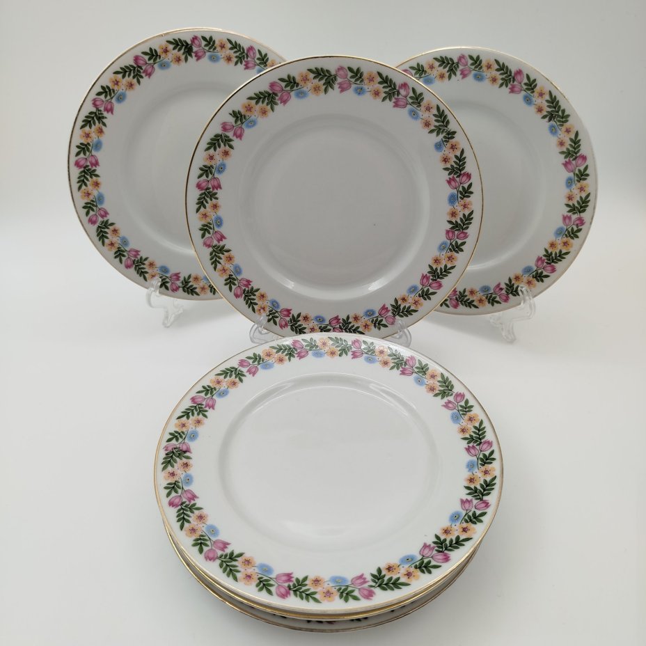 Набор пирожковых тарелок с цветочным декором на 6 персон, фарфор, деколь, золочение, Weimar Porzellan (Веймарский фарфор), Германия, 1920-1933 гг.