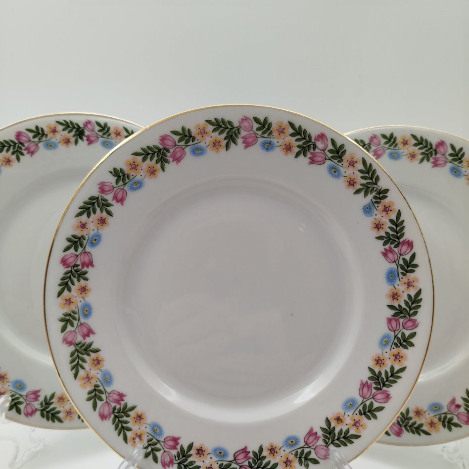 Набор пирожковых тарелок с цветочным декором на 6 персон, фарфор, деколь, золочение, Weimar Porzellan (Веймарский фарфор), Германия, 1920-1933 гг.
