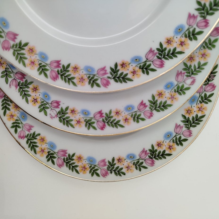 Набор пирожковых тарелок с цветочным декором на 6 персон, фарфор, деколь, золочение, Weimar Porzellan (Веймарский фарфор), Германия, 1920-1933 гг.