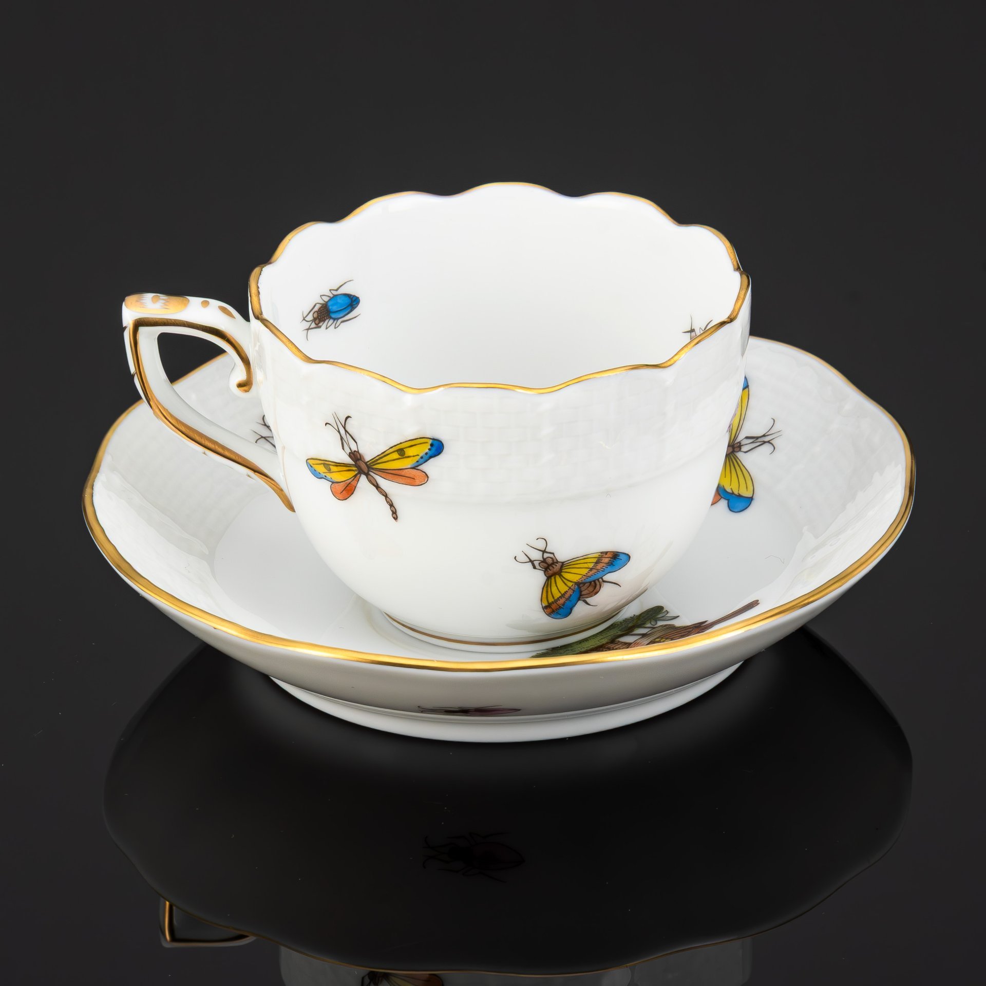 Пара кофейная, украшенная изображением птиц и бабочек, декор "Rothschild"