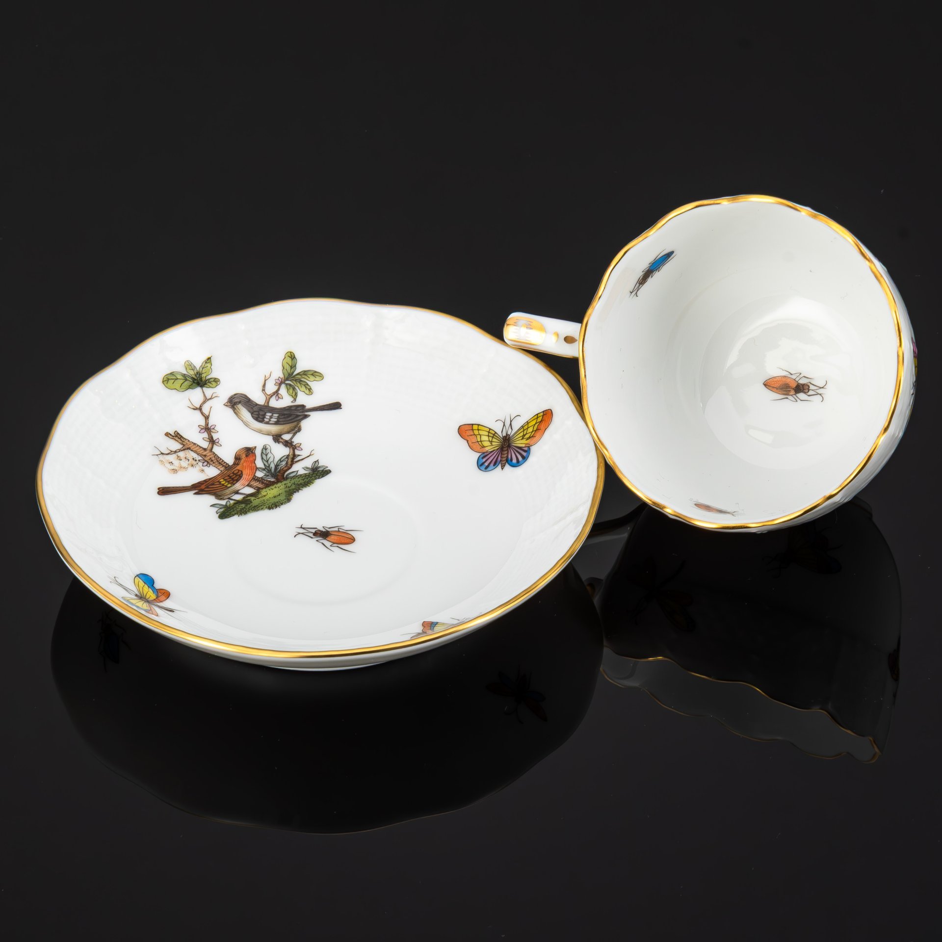 Пара кофейная, украшенная изображением птиц и бабочек, декор "Rothschild"