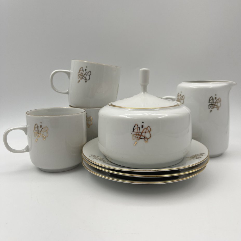 Набор чайный на три персоны (8 предметов), украшенный линиями, фарфор, золочение, Bohemia (Neurohlau), ГДР, 1970-1980 гг.