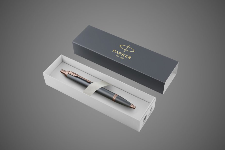 Ручка шариковая Parker "IM Slate Rose Gold PVD Trim" синяя, 1,0мм, подарочная упаковка, Металлы: латунь