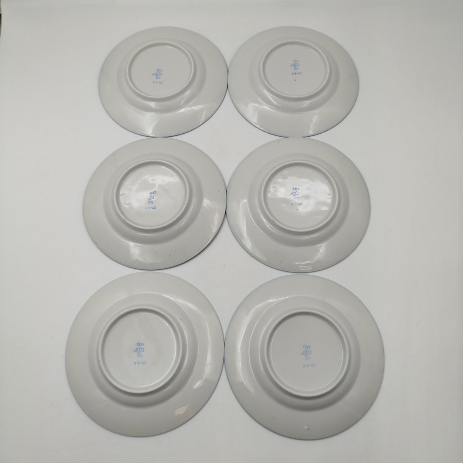 Комплект из 6-ти пирожковых тарелок "Фриз", фарфор, крытье, золочение, Ленинградский фарфоровый завод (ЛФЗ), СССР, 1960-1970 гг.