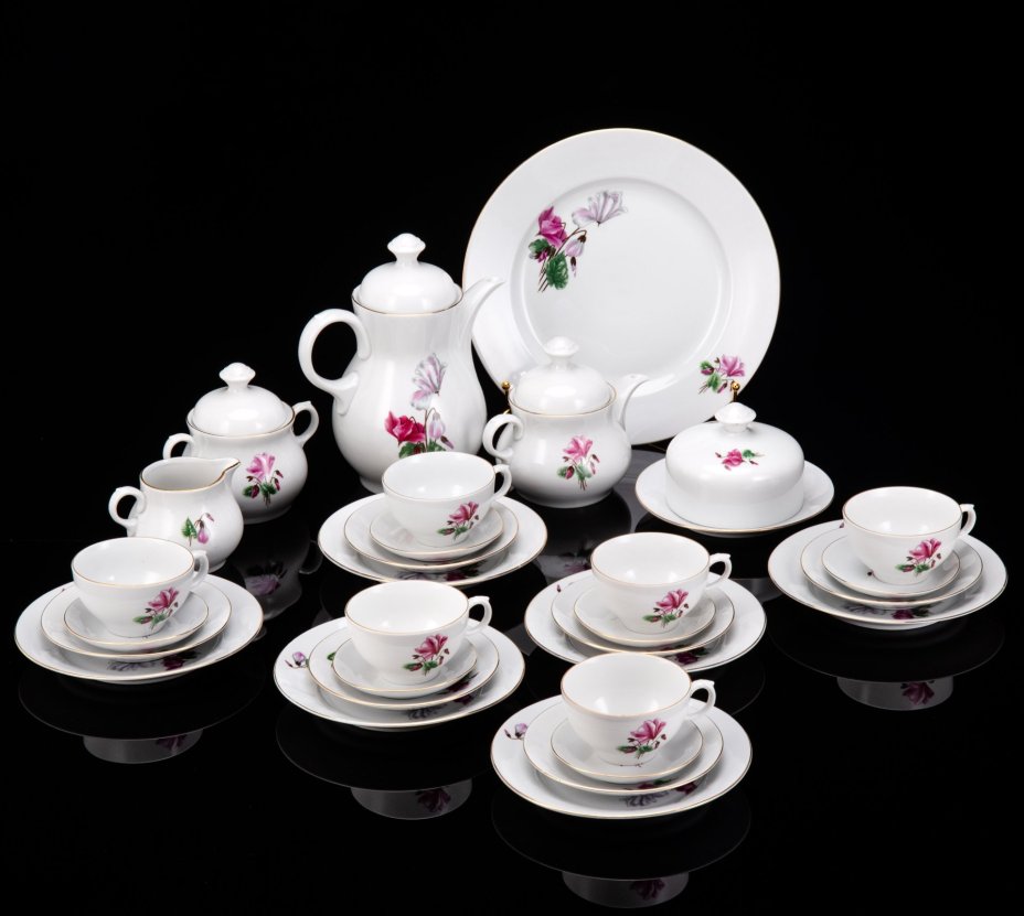 Сервиз чайный с цветочным декором на 6 персон (30 предметов), фарфор, деколь, золочение, Spezial Eisenberg Porzellan (SEP), ГДР, 1973-1976 гг.