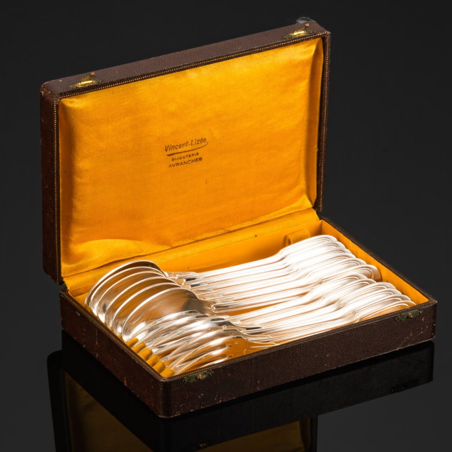 Набор столовых прибор на 6 персон в кофре (столовые ложки и вилки), Alfenide (Christofle), металл, серебрение, Франция, 1900-1920 гг.
