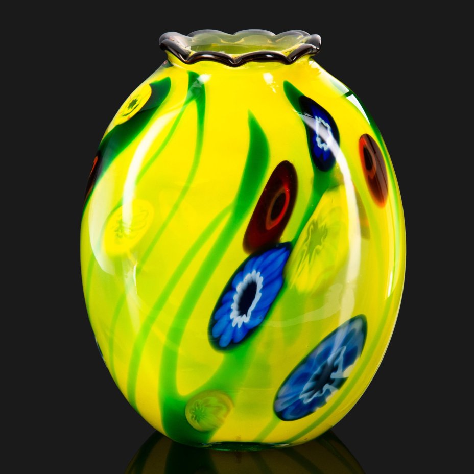 Ваза овальной формы, желтого оттенка, стекло, техника  "Millefiori" (Миллефиори), Murano, Италия, 1970-1990 гг., Murano