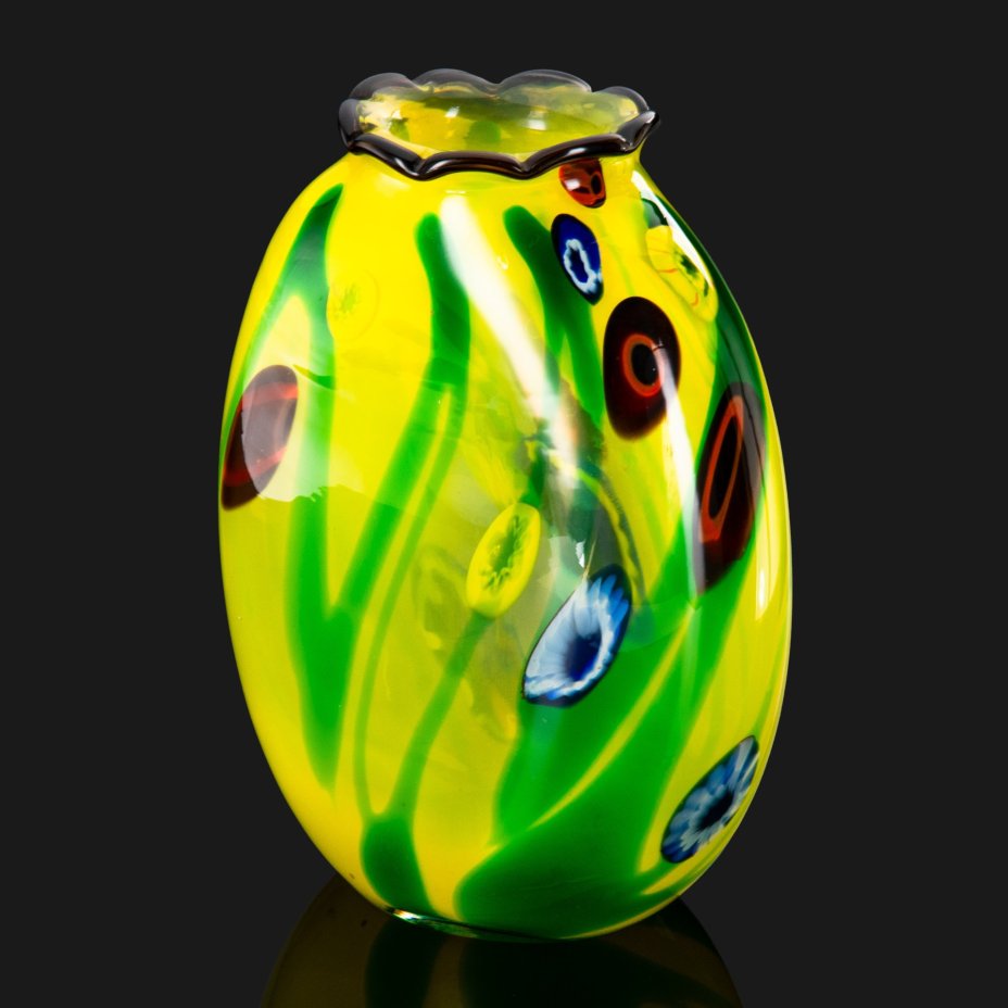 Ваза овальной формы, желтого оттенка, стекло, техника  "Millefiori" (Миллефиори), Murano, Италия, 1970-1990 гг., Murano