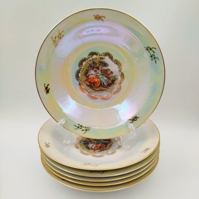 Набор суповых (глубоких) тарелок "Мадонна" на 6 персон, фарфор, люстр, деколь, золочение, Weisswasser Porzellan, ГДР, 1970-1990 гг.