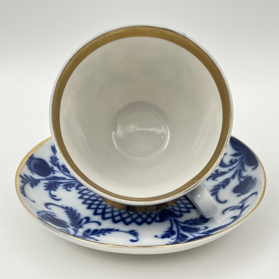 Пара чайная "Синие цветы", фарфор, деколь, золочение, Ленинградский фарфоровый завод (ЛФЗ), СССР, 1970-1986 гг.