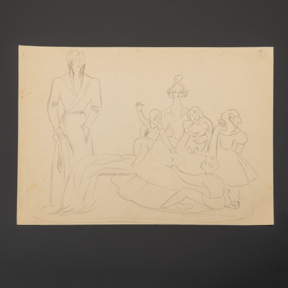 Эскиз для скульптуры "А.С. Пушкин. Последние дни", из личного архива Асты Давыдовны Бржезицкой, бумага, карандаш, СССР, 1980-1985 гг.