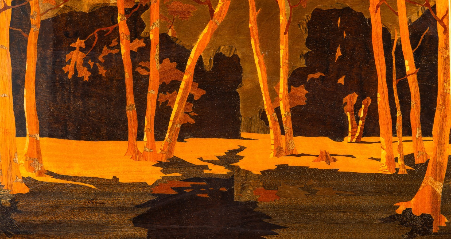 Настенное панно "Березовая роща" по картине Архипа Куинджи, дерево, инкрустация, лак, СССР, 1970-1990 гг.