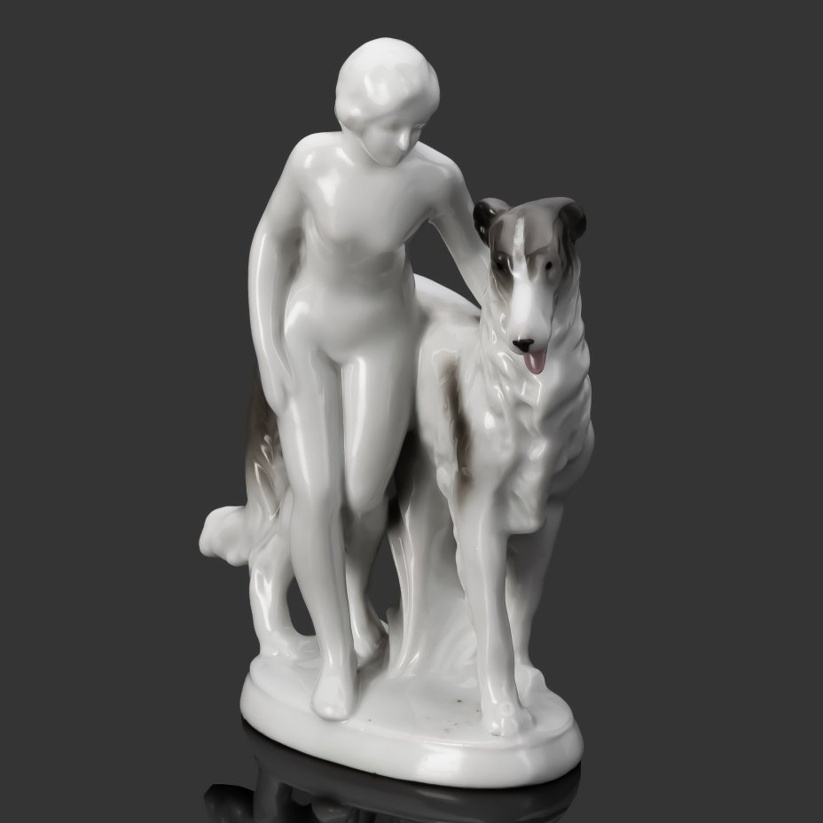 Статуэтка "Девушка с гончей", фарфор, роспись, Fasold & Stauch Bock Wallendorf, Германия, 1960-1972 гг.