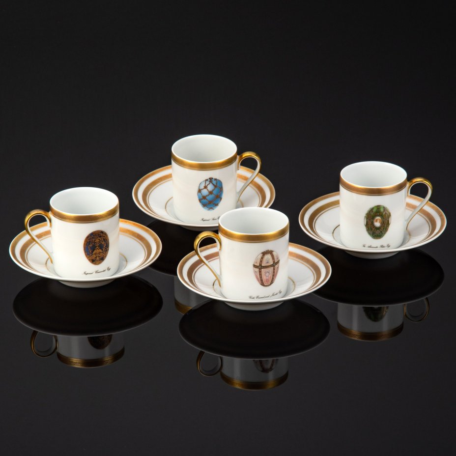 Набор  из кофейный пар в оригинальной коробке с сертификатом, фарфор, деколь, золочение, Фаберже (Faberge), Франция, 2000-2010 гг.