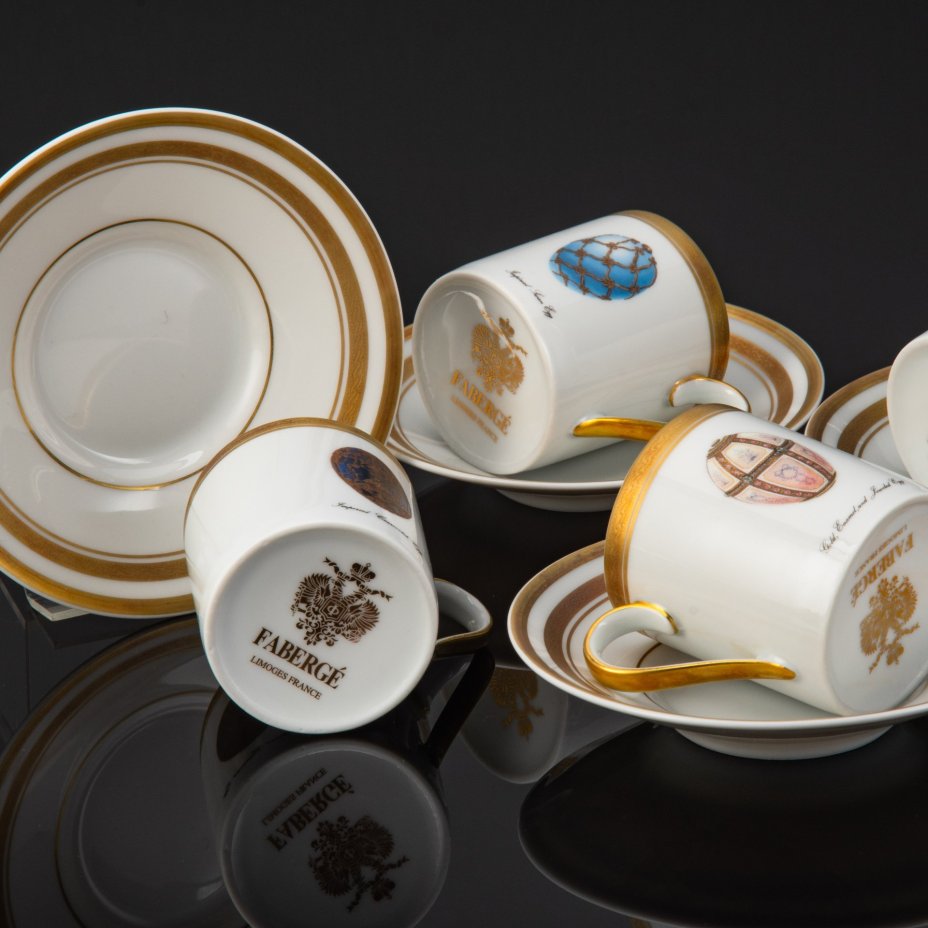 Набор  из кофейный пар в оригинальной коробке с сертификатом, фарфор, деколь, золочение, Фаберже (Faberge), Франция, 2000-2010 гг.