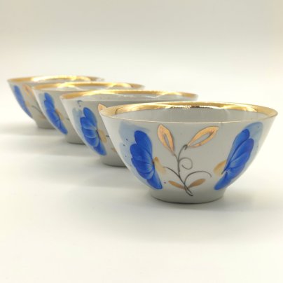 Набор пиал с цветочным декором на 4 персоны, фарфор, роспись, золочение, Ташкентский фарфоровый завод, СССР, 1973-1983 гг.