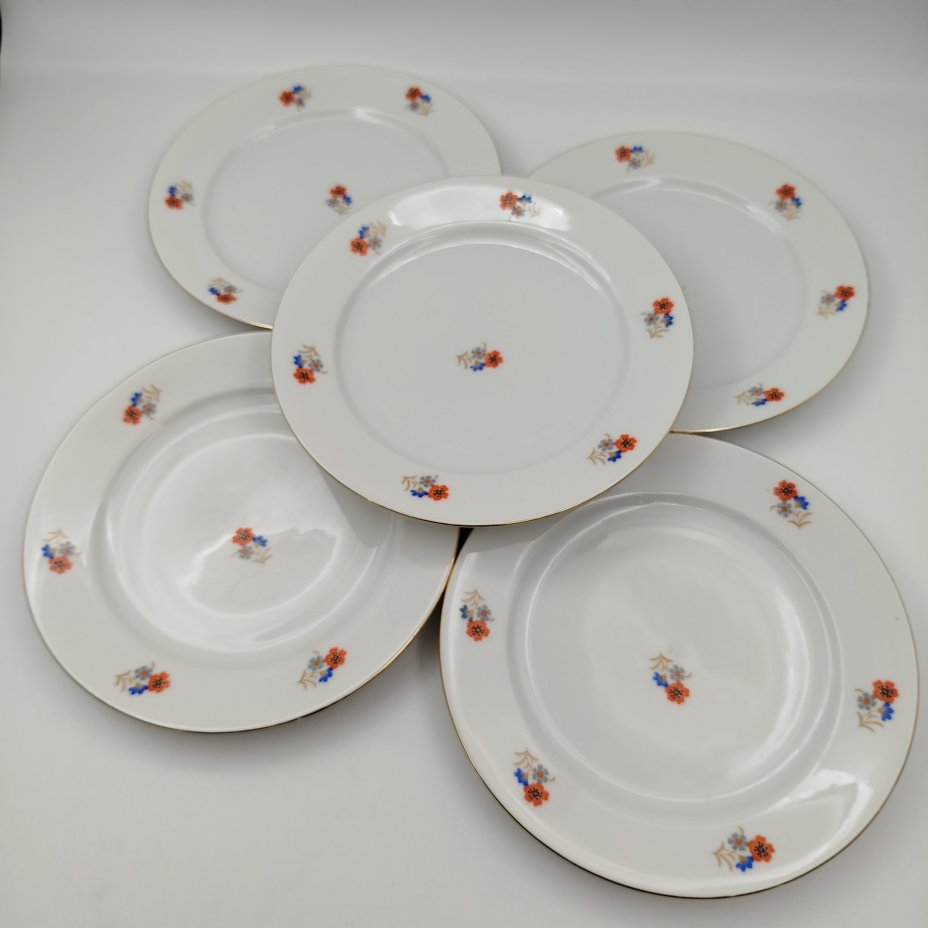 Набор десертных тарелок с цветочным декором на 5 персон, фарфор, деколь, золочение, Bavaria Porzellan, Германия, 1950-1980 гг.