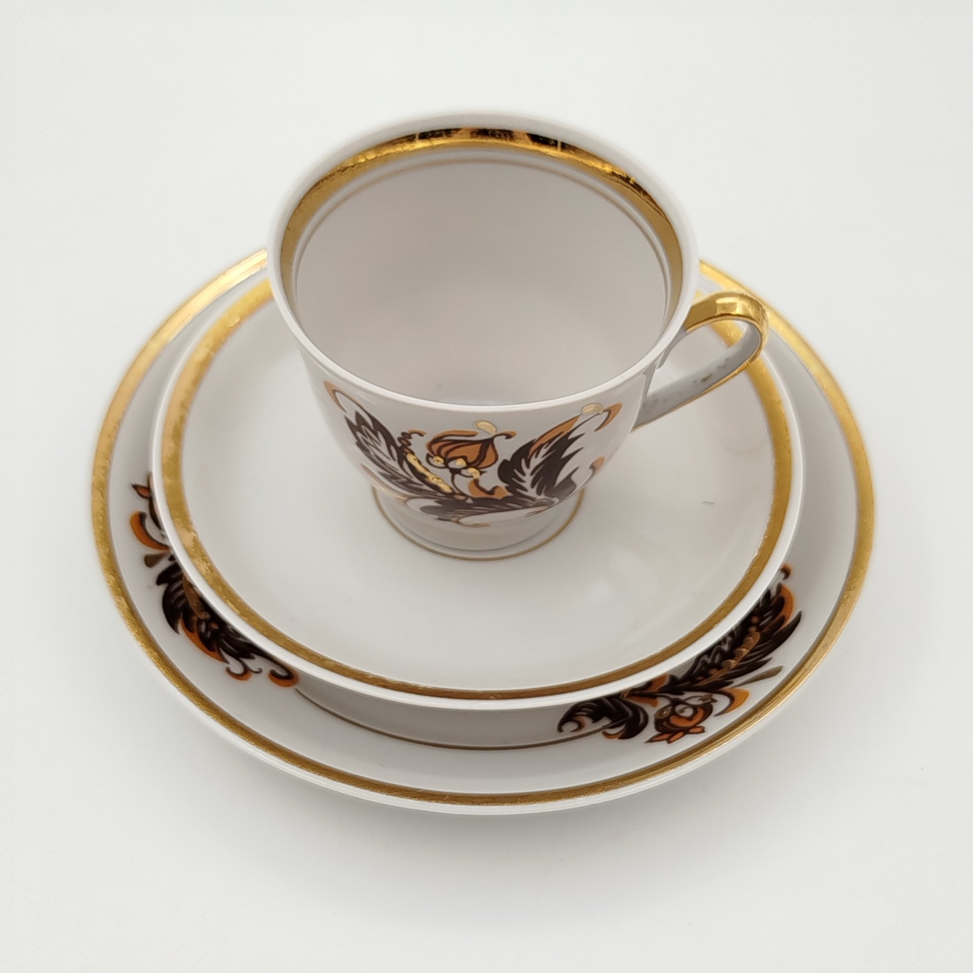 Трио кофейное с растительным декором, фарфор, деколь, золочение, Рижский фарфорово-фаянсовый завод, СССР, 1970-1980 гг.