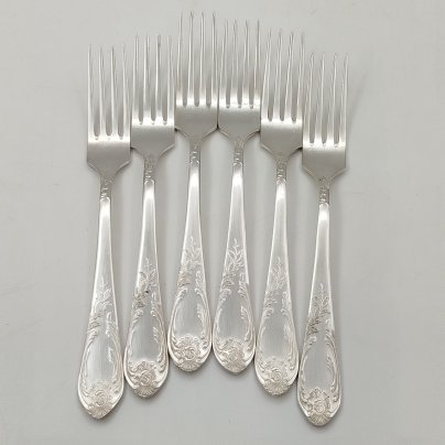 Набор вилок на 6 персон с растительным декором на черенках, мНЦ (медь-никель-цинк), Вольнянский завод столовых приборов им. Шевченко (ЗiШ, ЗиШ), СССР, 1970-1990 гг.