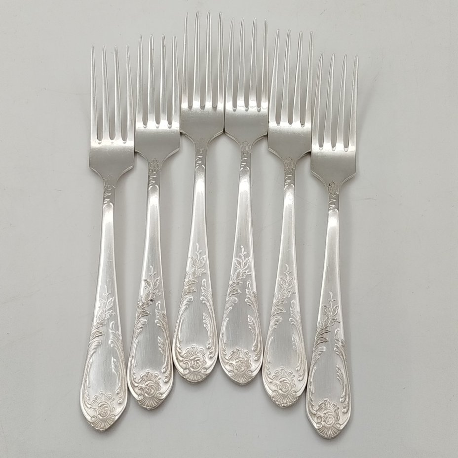 Набор вилок на 6 персон с растительным декором на черенках, мНЦ (медь-никель-цинк), Вольнянский завод столовых приборов им. Шевченко (ЗiШ, ЗиШ), СССР, 1970-1990 гг.