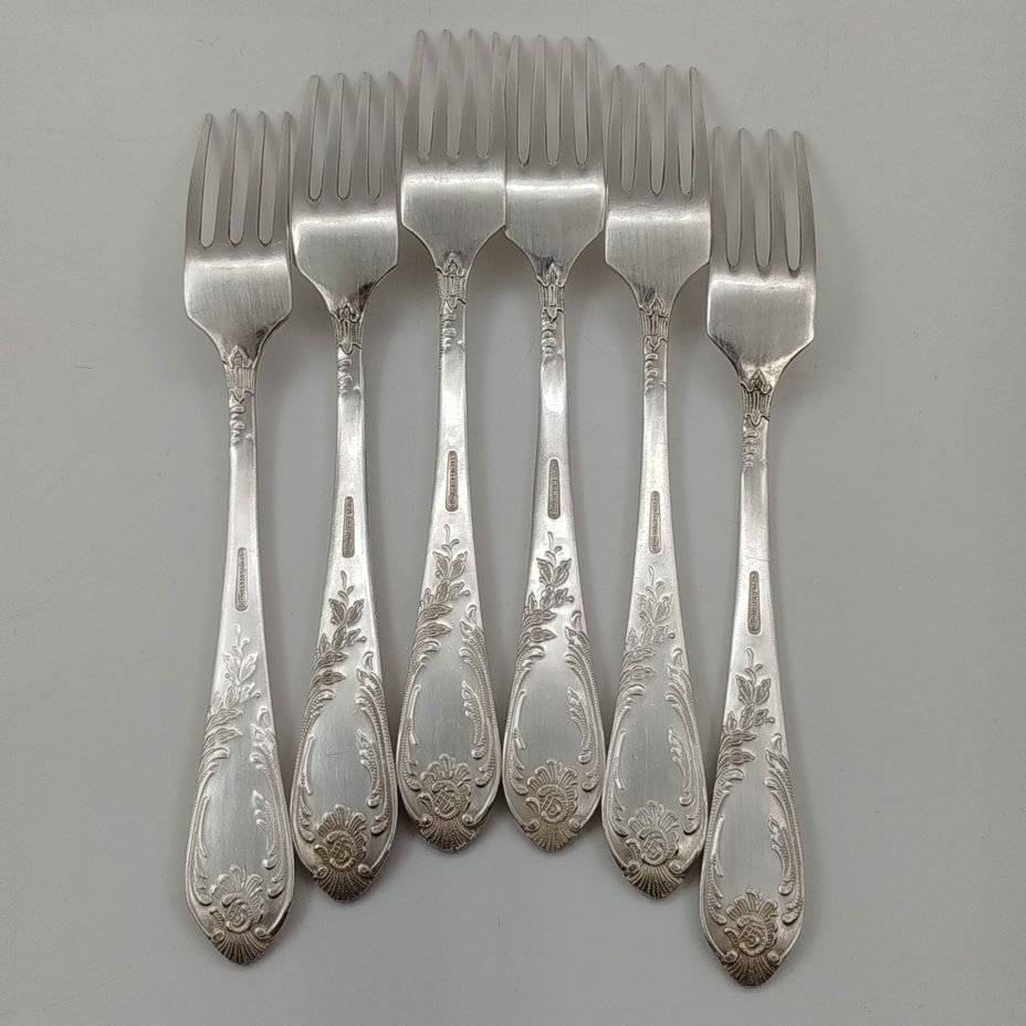 Набор вилок на 6 персон с растительным декором на черенках, мНЦ (медь-никель-цинк), Вольнянский завод столовых приборов им. Шевченко (ЗiШ, ЗиШ), СССР, 1970-1990 гг.