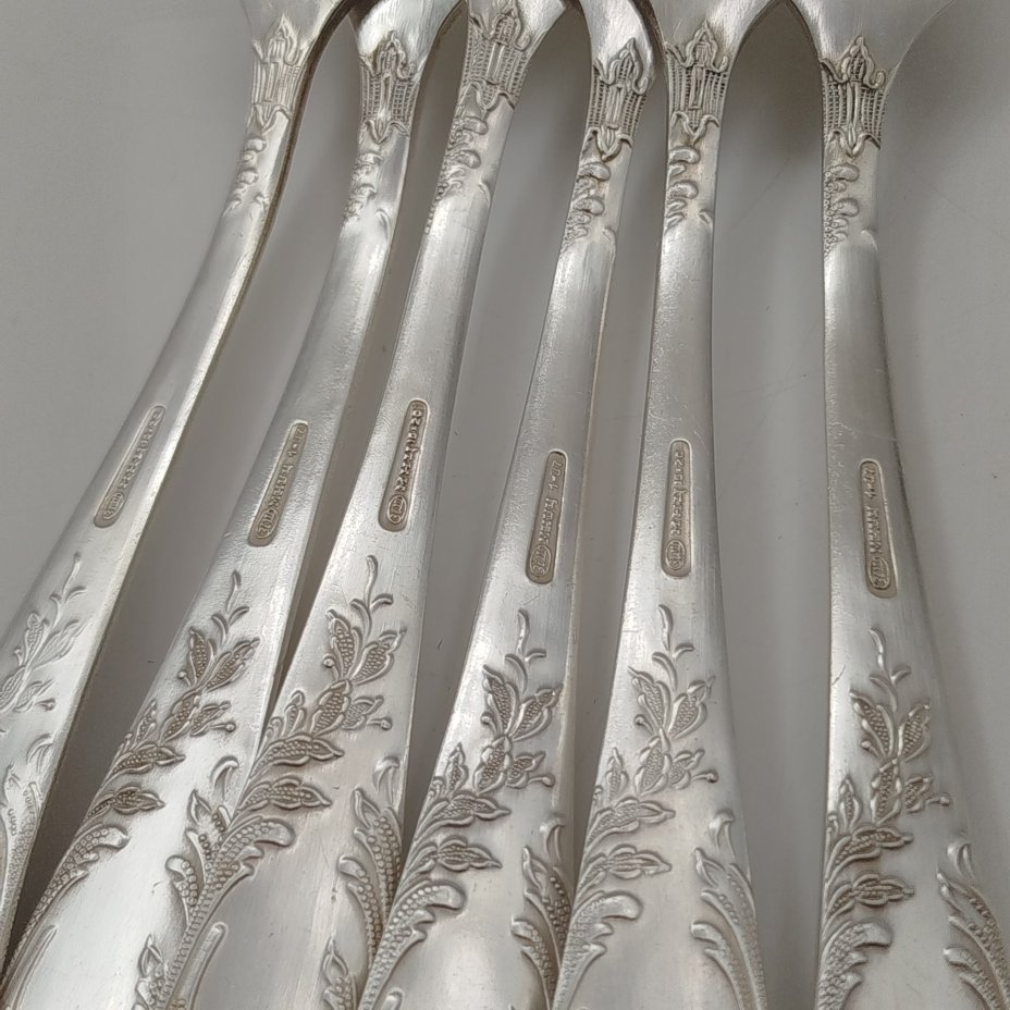 Набор вилок на 6 персон с растительным декором на черенках, мНЦ (медь-никель-цинк), Вольнянский завод столовых приборов им. Шевченко (ЗiШ, ЗиШ), СССР, 1970-1990 гг.