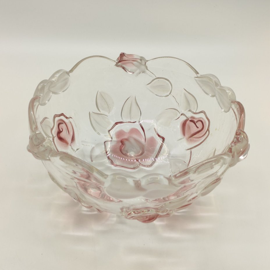 Ваза для конфет с цветочным декором и фигурным бортом, цветное стекло, матирование, Walther Glas, Германия, 1980-2000 гг.