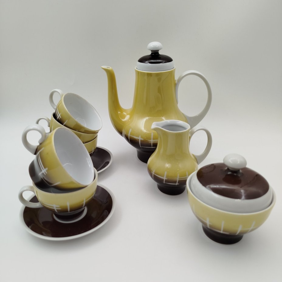 Кофейный сервиз с абстрактным декором на 5 персон (10 предметов), фарфор, крытье, Kahla, ГДР, 1960-1980 гг.