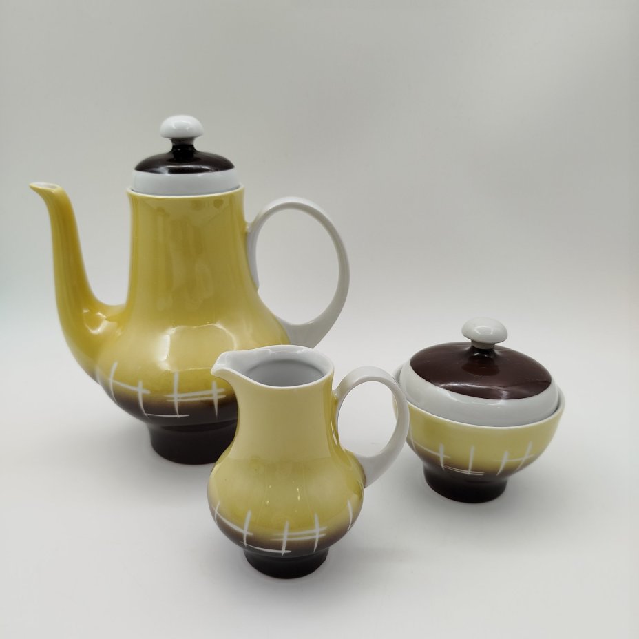 Кофейный сервиз с абстрактным декором на 5 персон (10 предметов), фарфор, крытье, Kahla, ГДР, 1960-1980 гг.