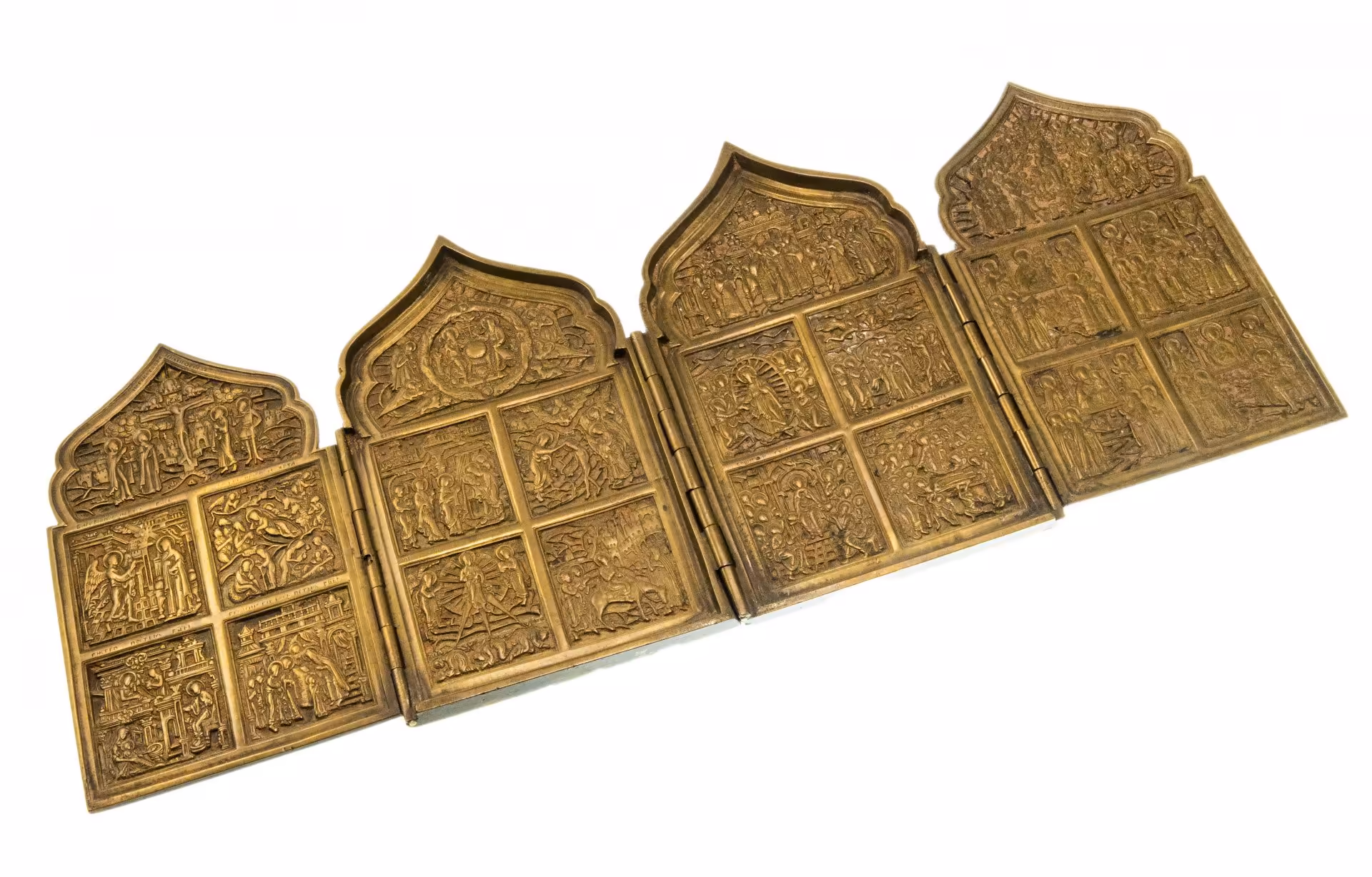 Складень четырехстворчатый "Двунадесятые праздники", бронза, литье, Российская Империя, 1850-1890 гг.